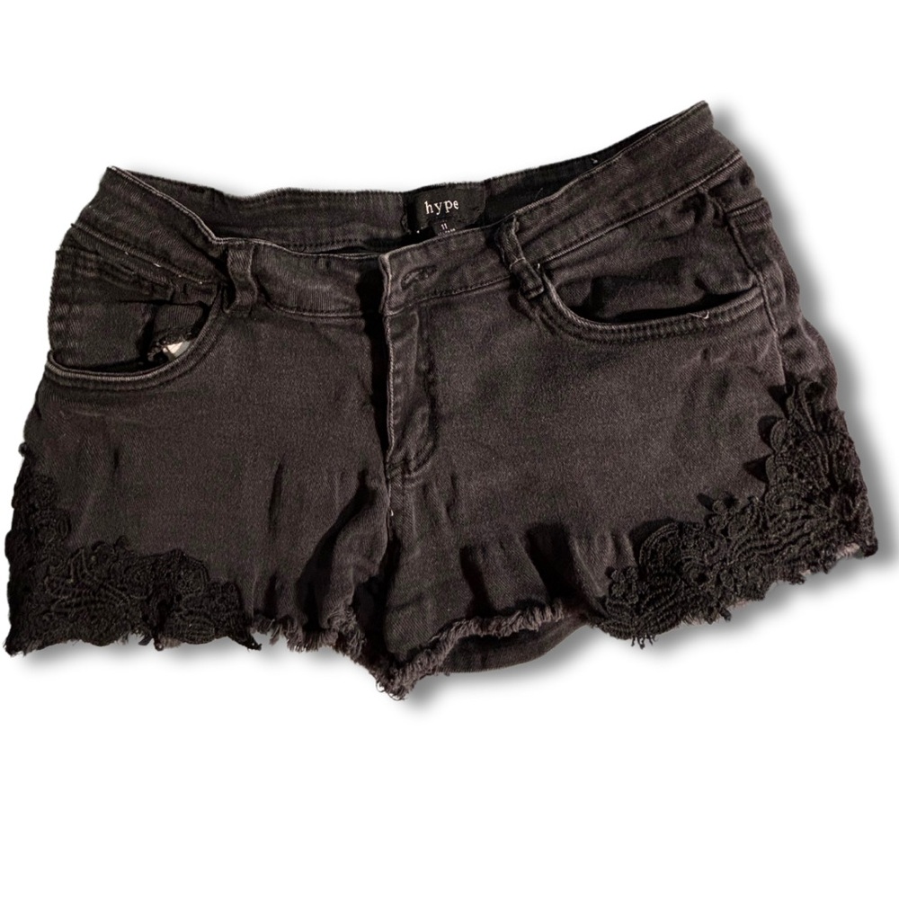HYPE CUTOFF SHORTS Black Denim Lace Accented Black Jean Shorts Juniors Size 11